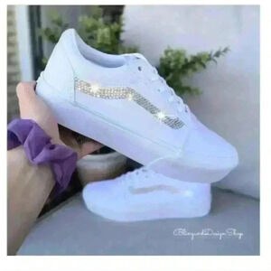 Vans Platform Old Skool White Sneakers Shoes Customized with Swarovski Crystals